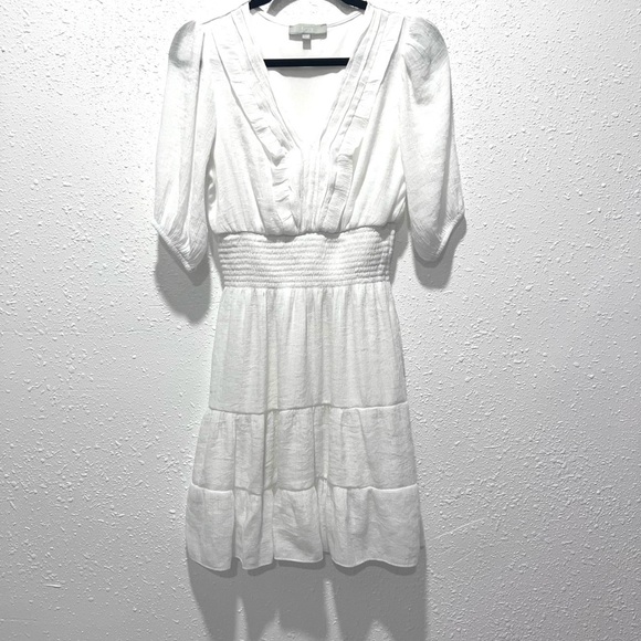 White Puff Sleeve V-Neck Mini Dress Medium - Picture 2 of 15